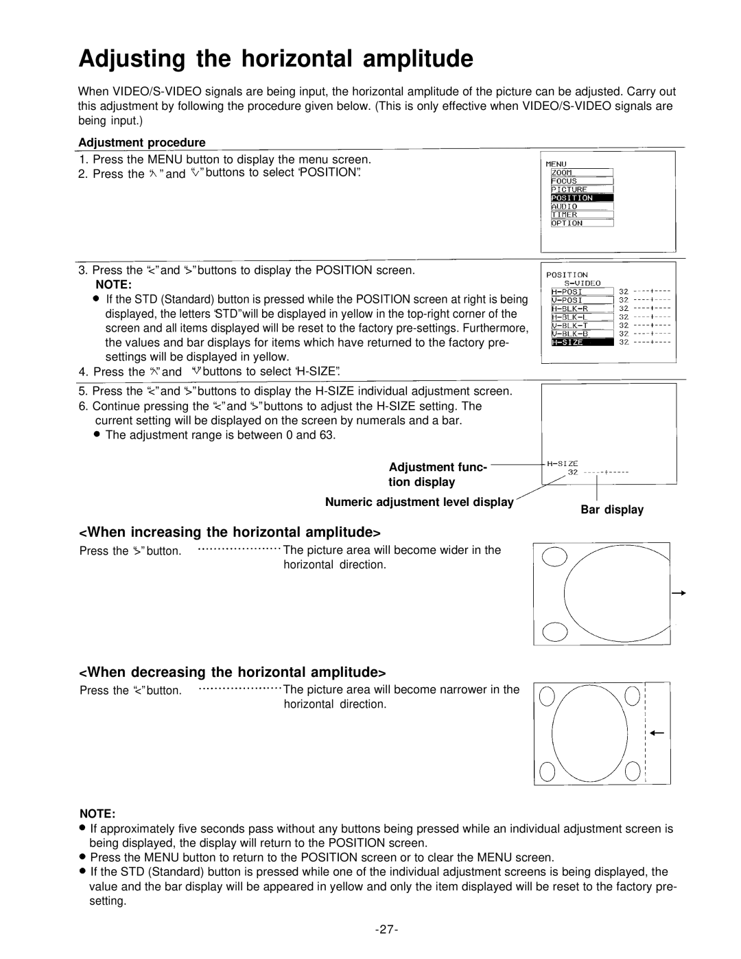 Panasonic PT-L592U manual Adjusting the horizontal amplitude, When increasing the horizontal amplitude, Adjustment func 