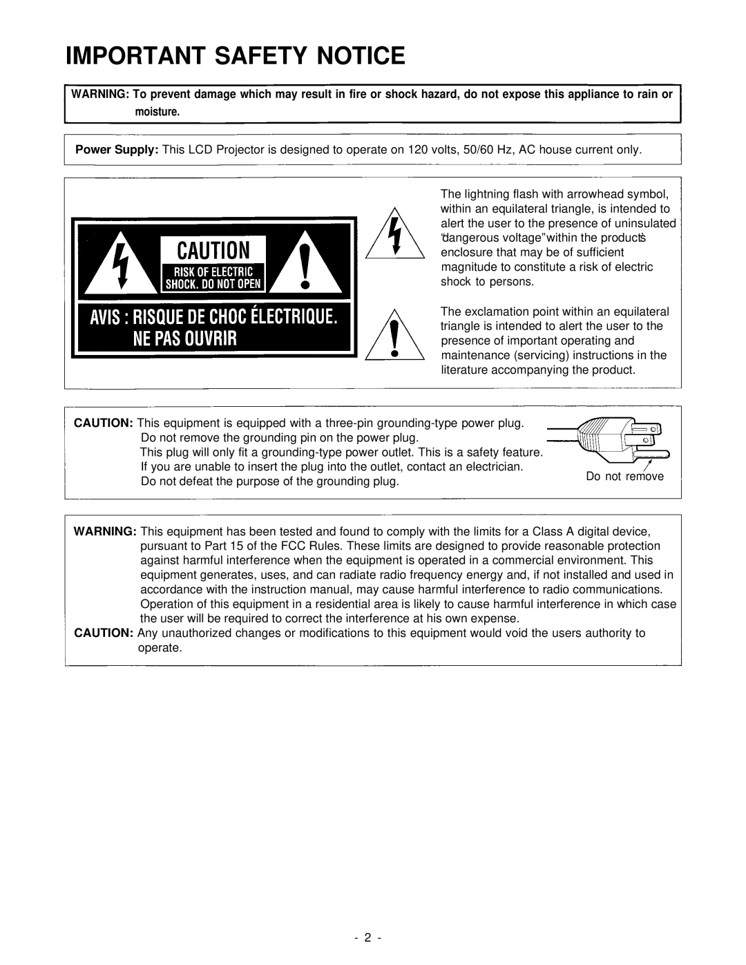 Panasonic PT-L592U manual Important Safety Notice 