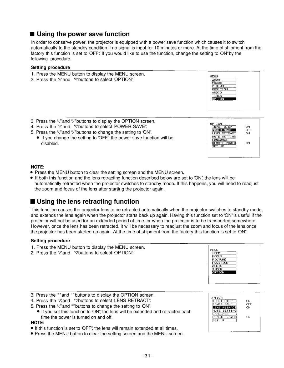 Panasonic PT-L592U manual Using the power save function, Using the lens retracting function 