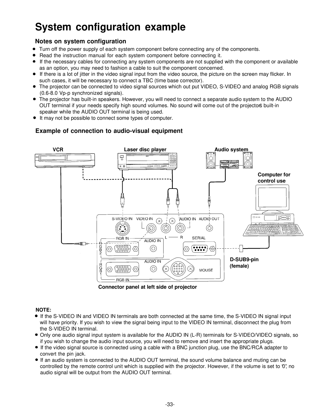 Panasonic PT-L592U manual System configuration example, Example of connection to audio-visual equipment, Vcr 