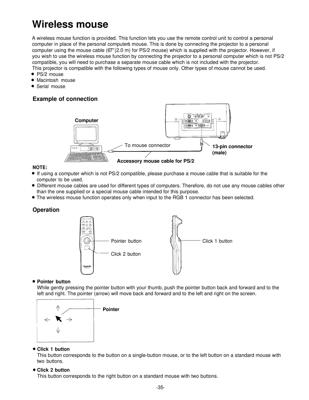 Panasonic PT-L592U manual Wireless mouse, Example of connection, Operation, Pointer Click 1 button 