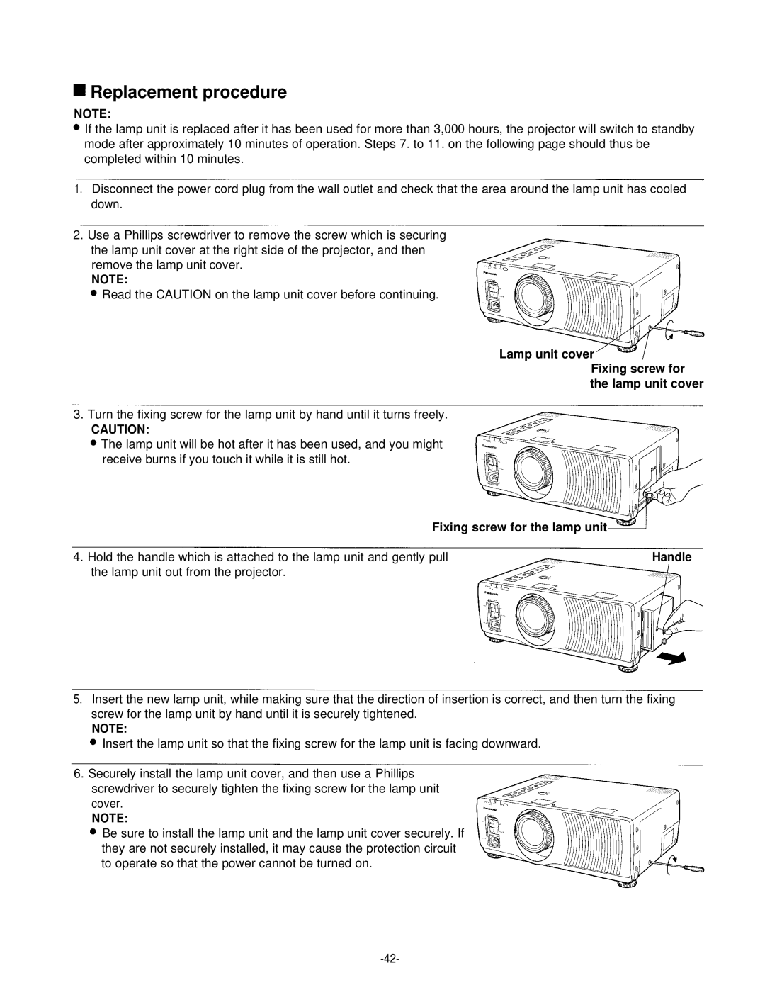 Panasonic PT-L592U manual Replacement procedure, Lamp unit cover Fixing screw for the lamp unit cover 