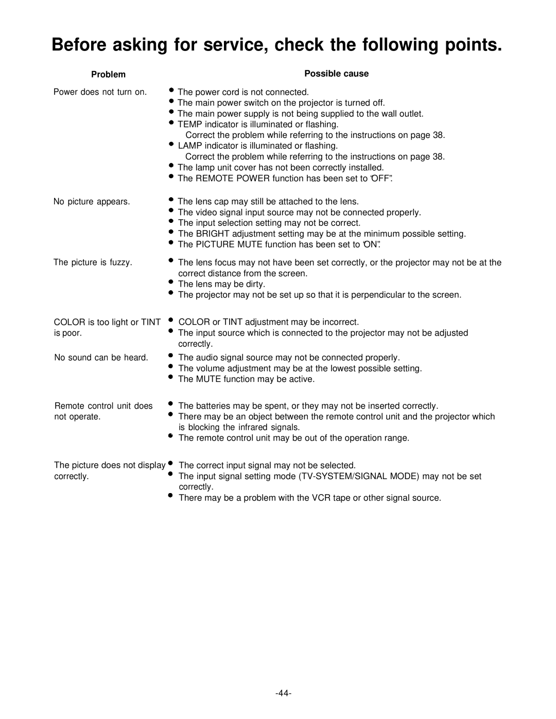 Panasonic PT-L592U manual Before asking for service, check the following points, Problem 