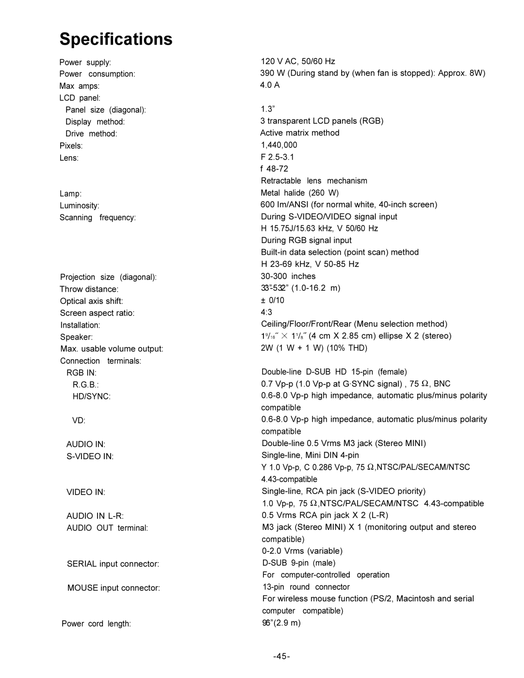 Panasonic PT-L592U manual Specifications, RGB HD/SYNC Audio Video Audio in L-R 