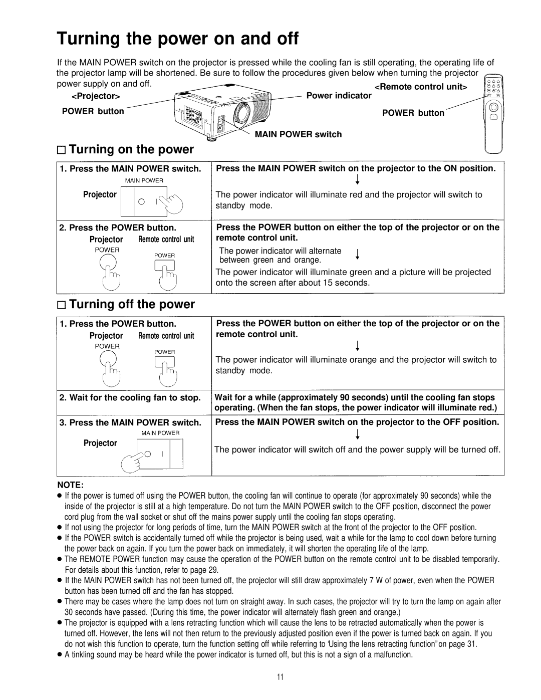 Panasonic PT-L595U manual Turning the power on and off, Turning on the power, Turning off the power 