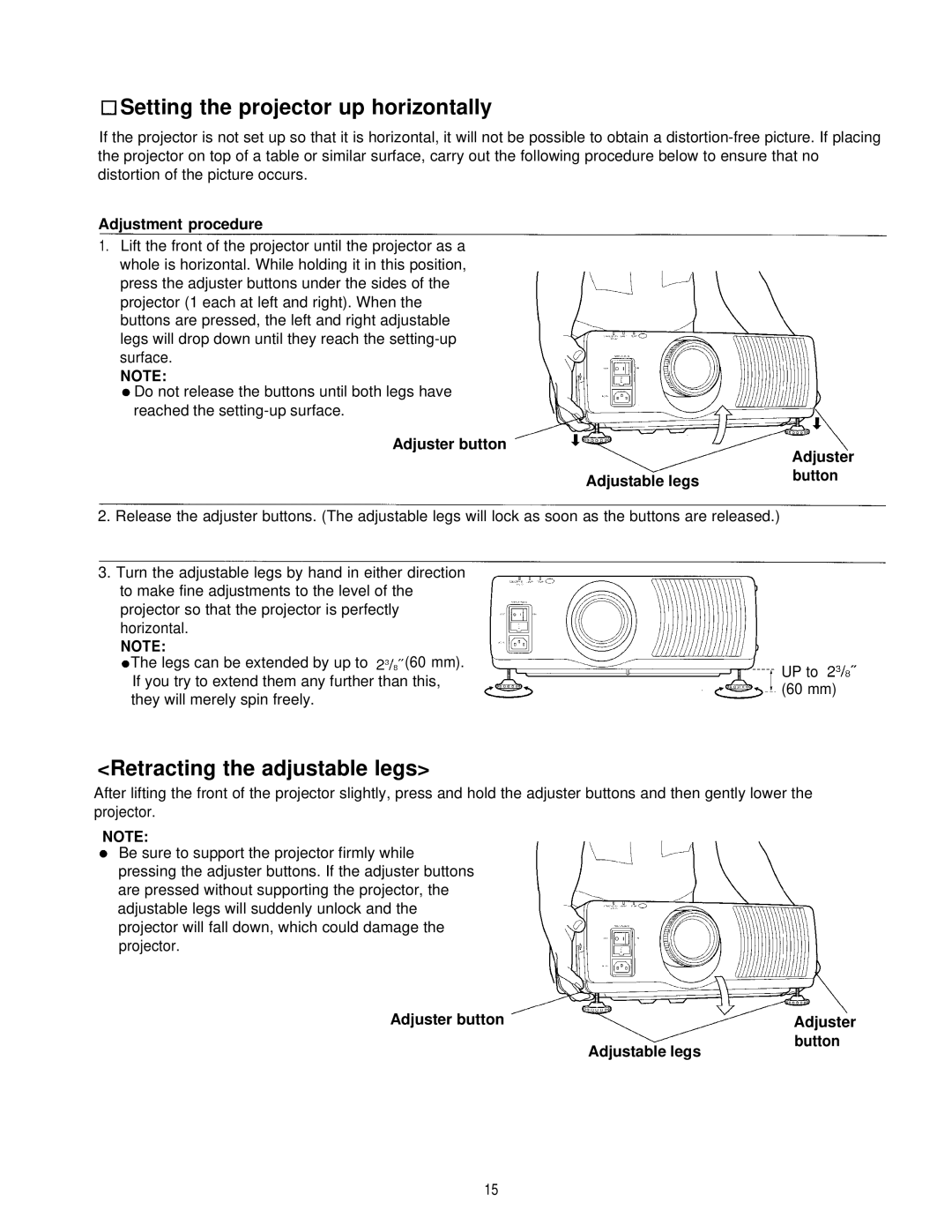 Panasonic PT-L595U manual Setting the projector up horizontally, Retracting the adjustable legs, Adjustment procedure 