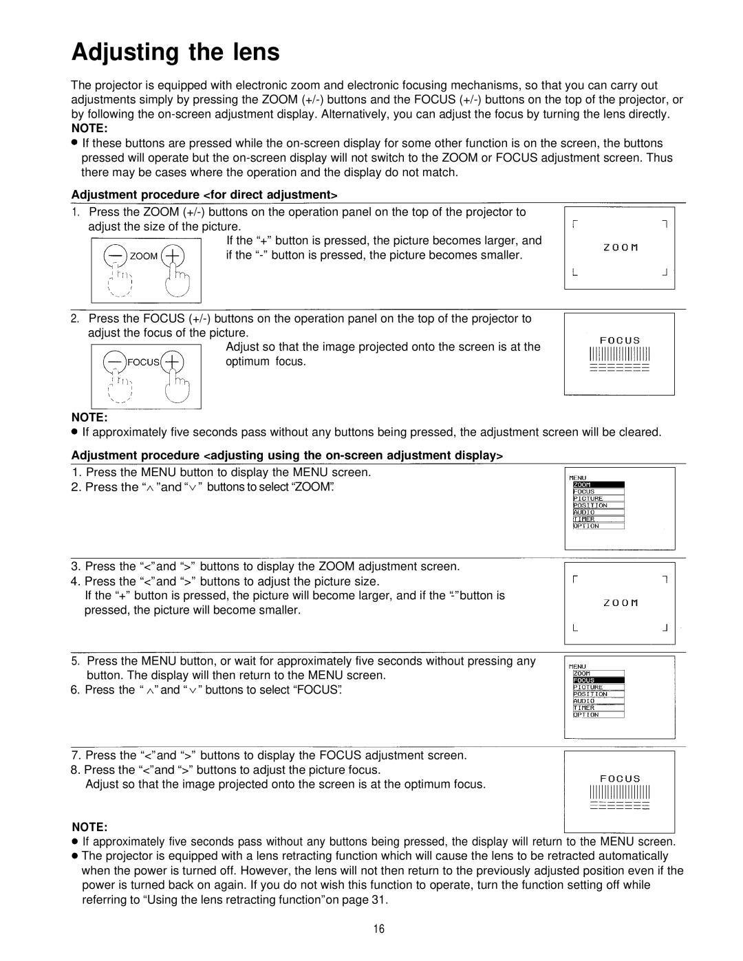 Panasonic PT-L595U manual Adjusting the lens, Adjustment procedure for direct adjustment 