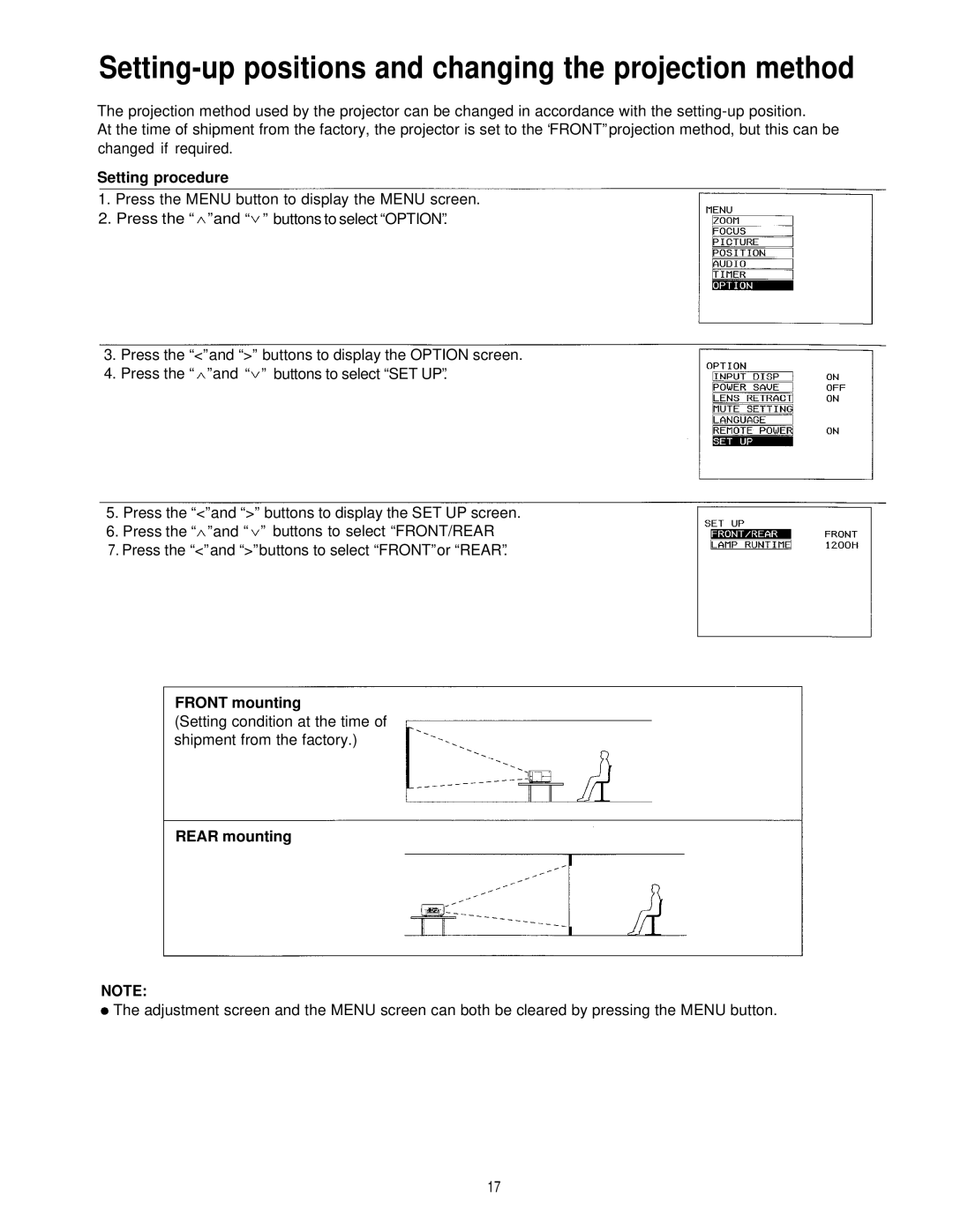 Panasonic PT-L595U manual Setting-up positions and changing the projection method, Setting procedure, Front mounting 