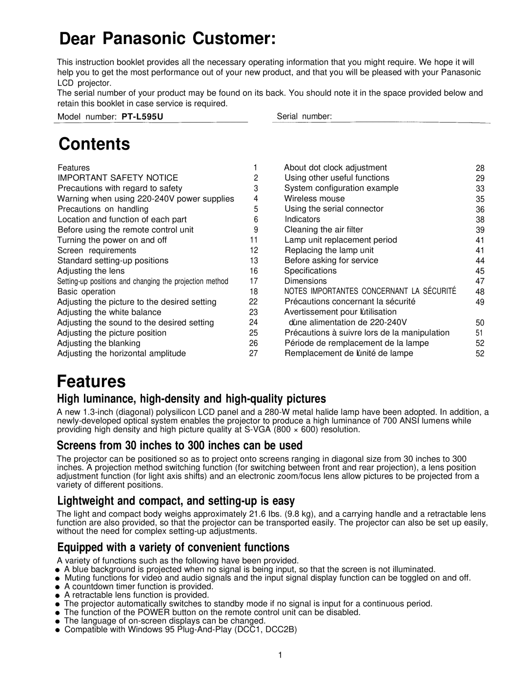 Panasonic PT-L595U manual Dear Panasonic Customer, Contents, Features 