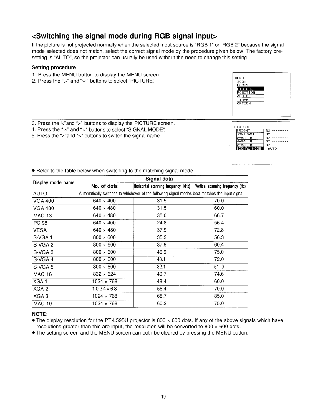 Panasonic PT-L595U manual Switching the signal mode during RGB signal input, Signal data No. of dots, Auto, Vesa, Xga 