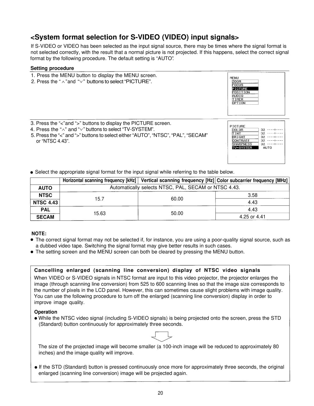 Panasonic PT-L595U manual System format selection for S-VIDEO Video input signals, Auto, Ntsc, Secam 