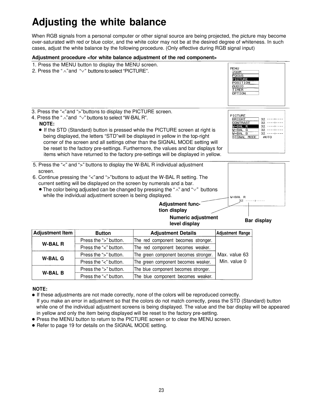 Panasonic PT-L595U manual Adjusting the white balance, Bal R Bal G Bal B 