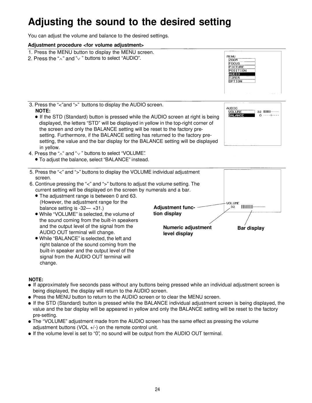 Panasonic PT-L595U manual Adjusting the sound to the desired setting, Adjustment procedure for volume adjustment 