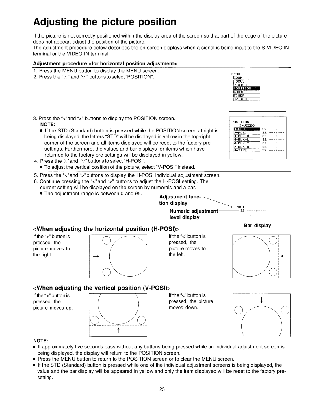 Panasonic PT-L595U manual Adjusting the picture position, When adjusting the horizontal position H-POSI 