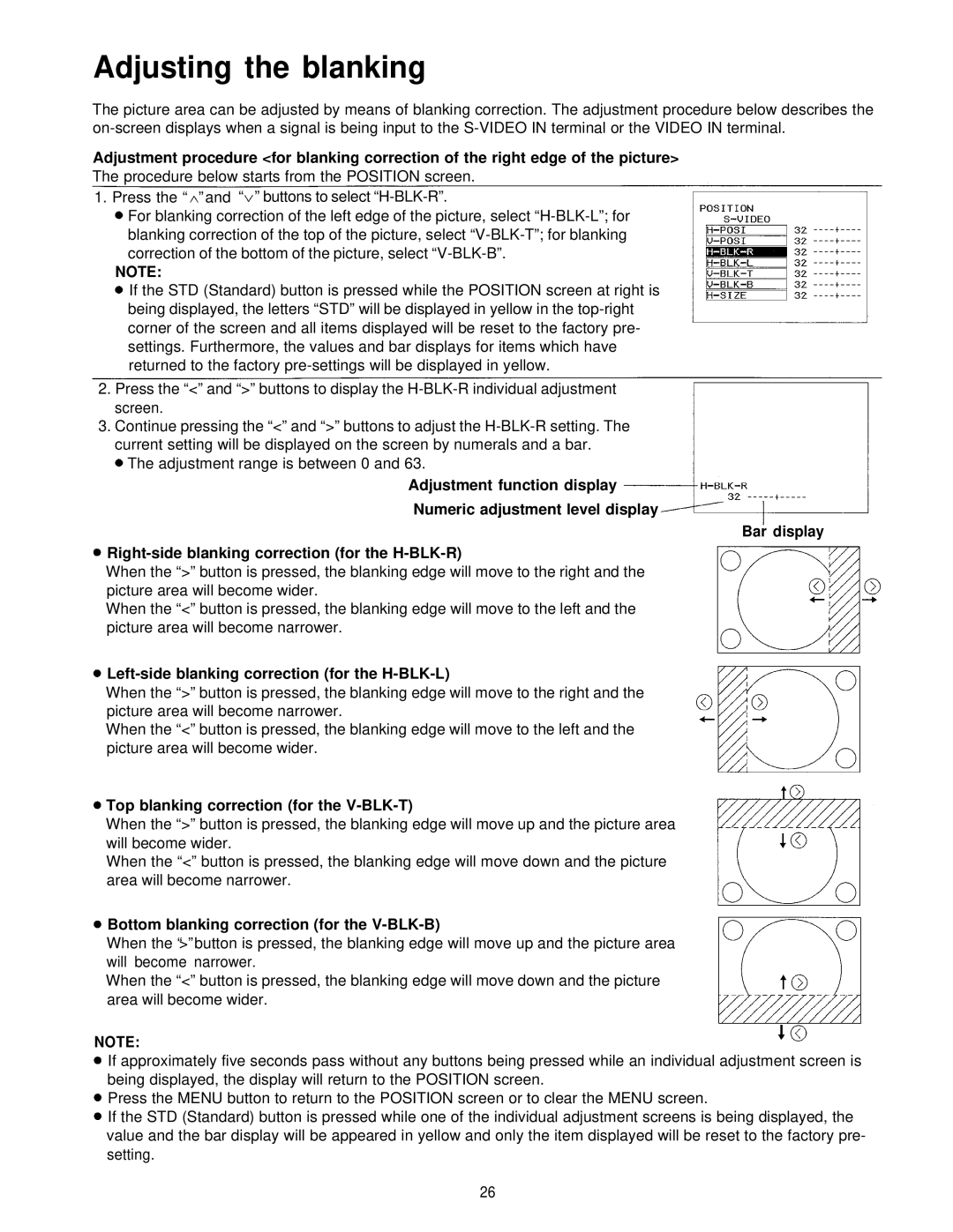 Panasonic PT-L595U manual Adjusting the blanking, Left-side blanking correction for the H-BLK-L 