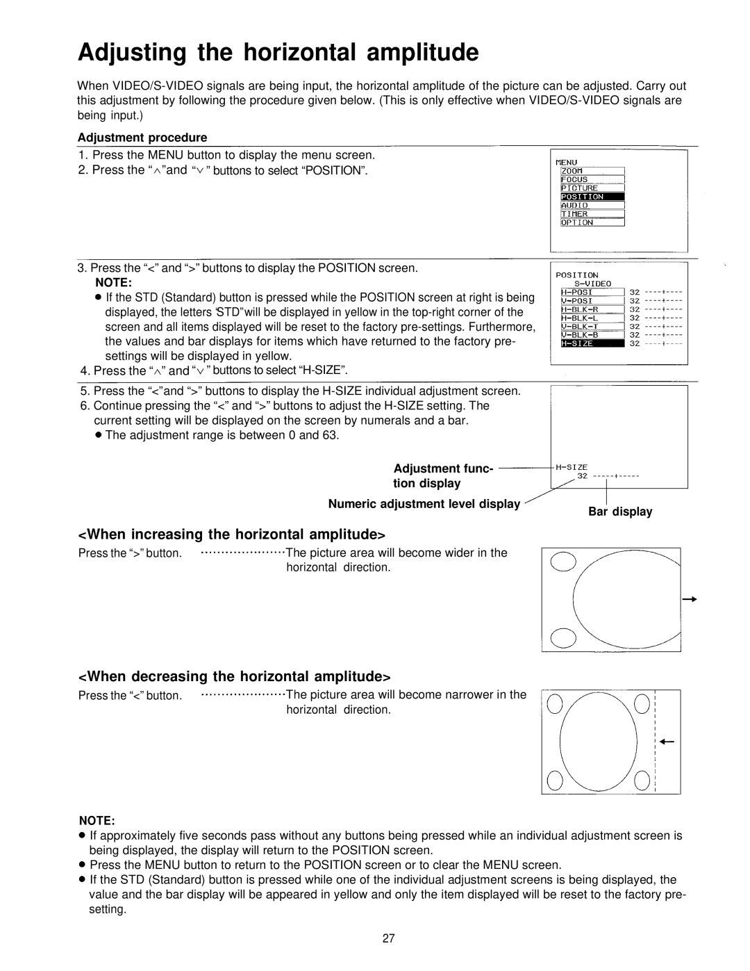 Panasonic PT-L595U manual Adjusting the horizontal amplitude, When increasing the horizontal amplitude 