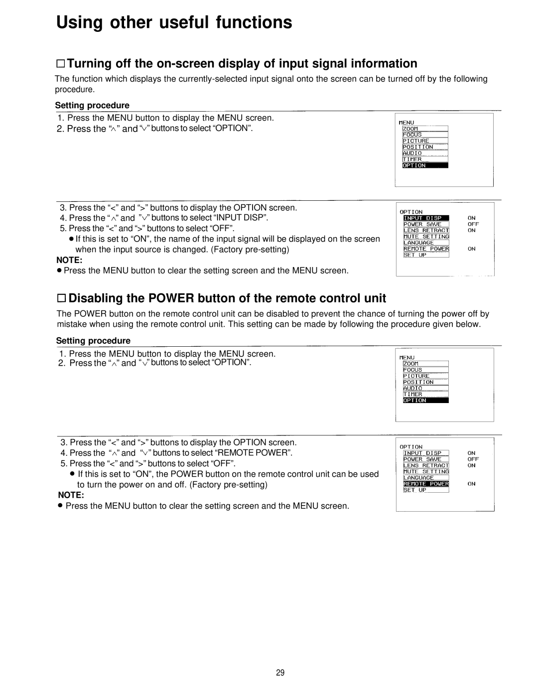 Panasonic PT-L595U manual Using other useful functions, Disabling the Power button of the remote control unit 