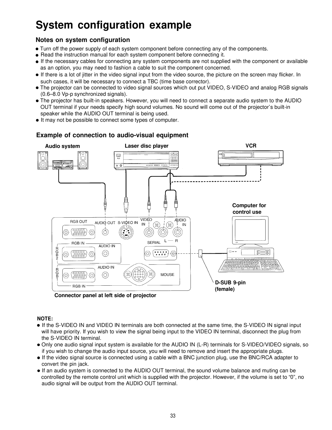 Panasonic PT-L595U manual System configuration example, Example of connection to audio-visual equipment, Vcr 