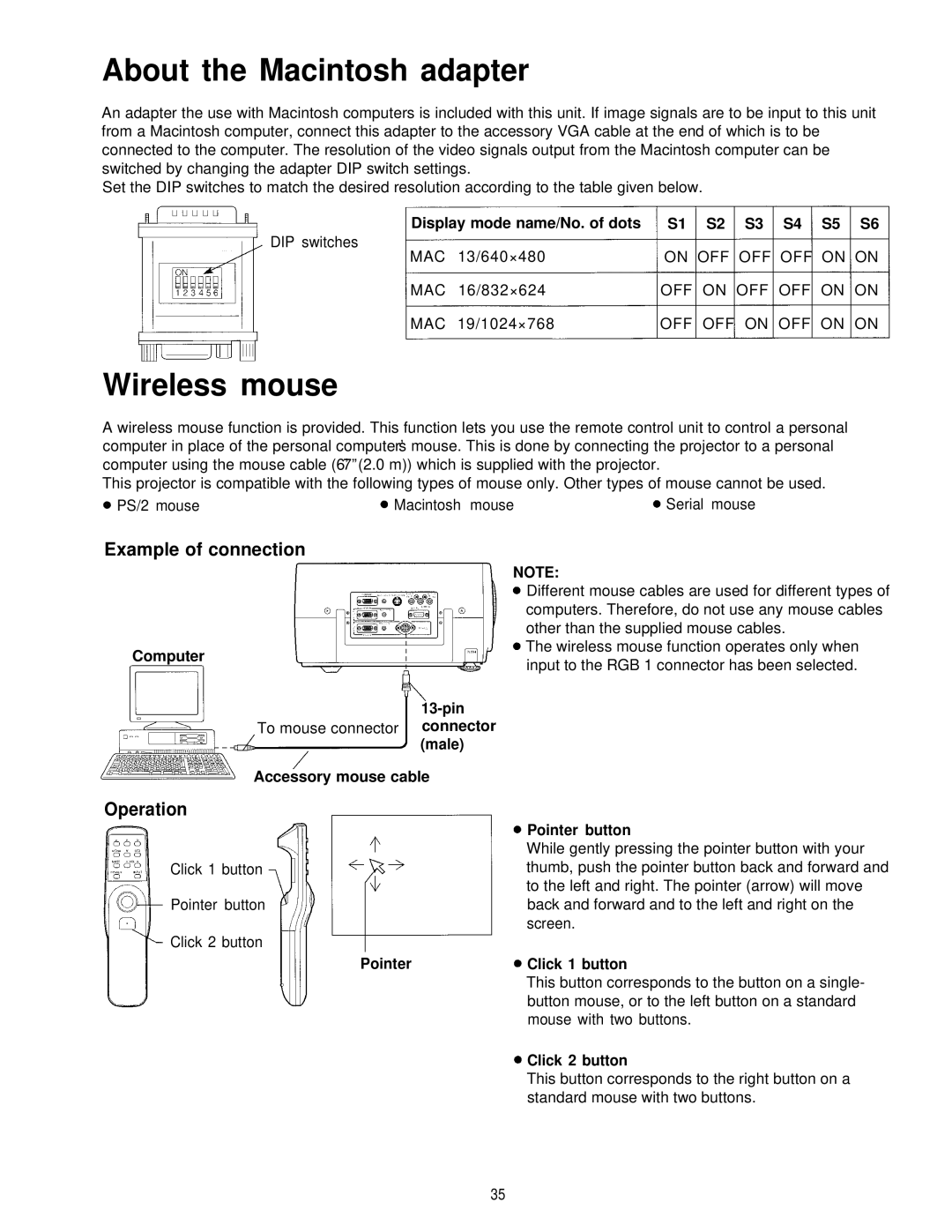 Panasonic PT-L595U manual About the Macintosh adapter, Operation, Display mode name/No. of dots S1 S2 S3 S4 S5 S6 