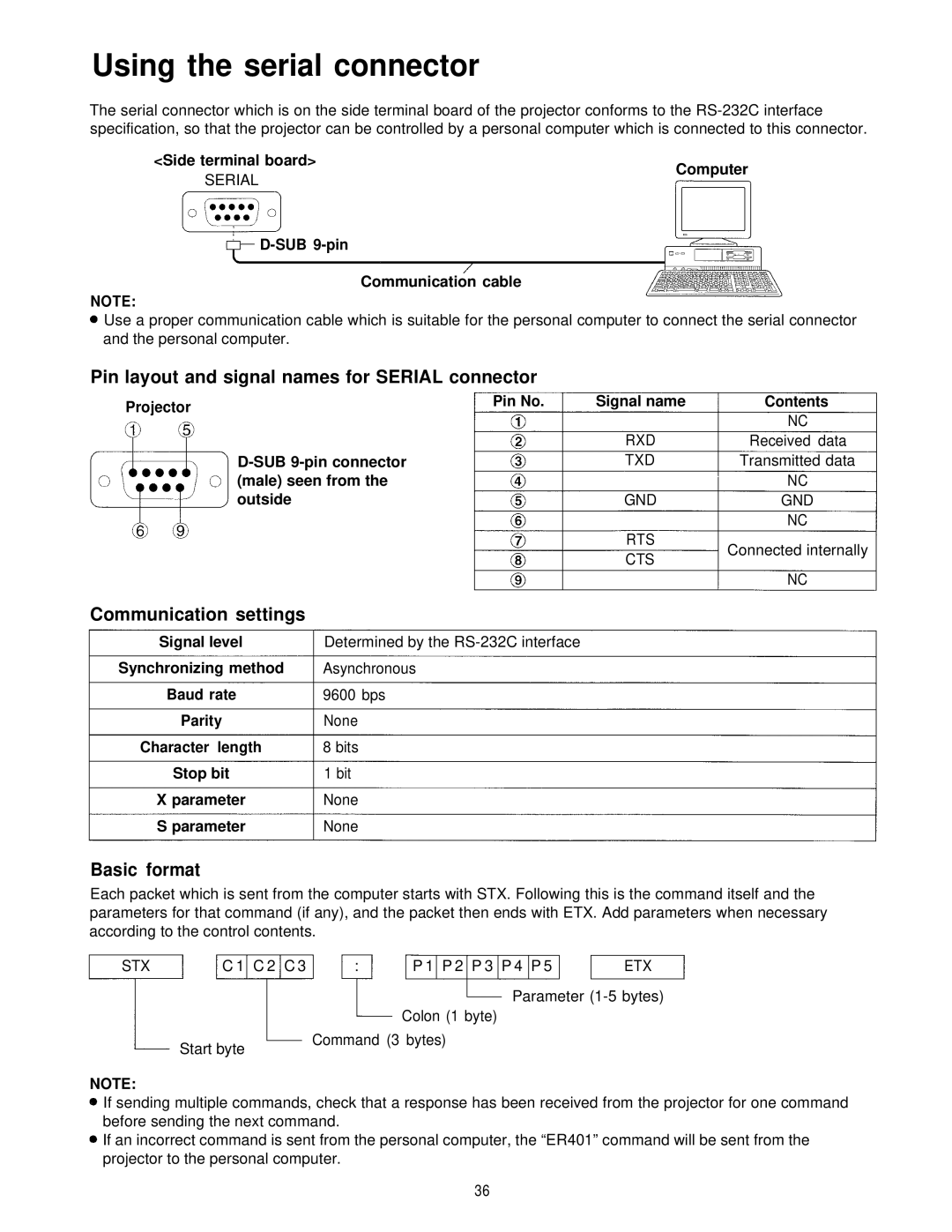 Panasonic PT-L595U Using the serial connector, Pin layout and signal names for Serial connector, Communication settings 