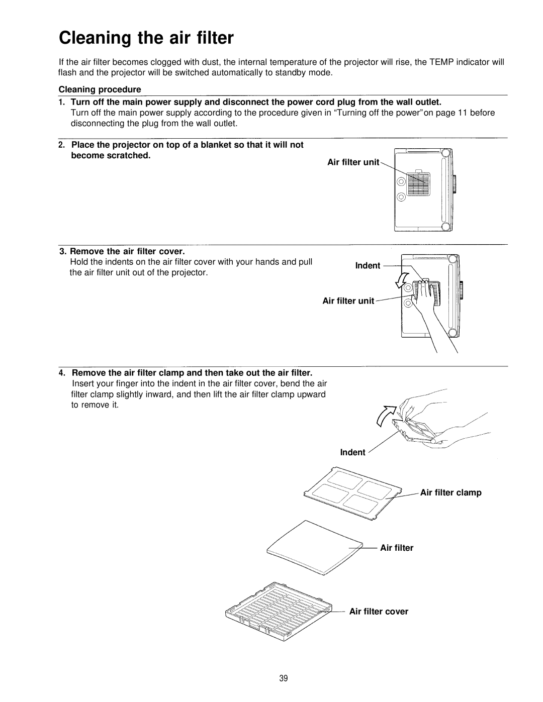 Panasonic PT-L595U manual Cleaning the air filter, Indent Air filter clamp Air filter cover 