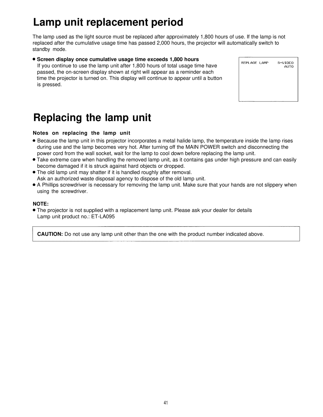 Panasonic PT-L595U manual Lamp unit replacement period, Replacing the lamp unit 