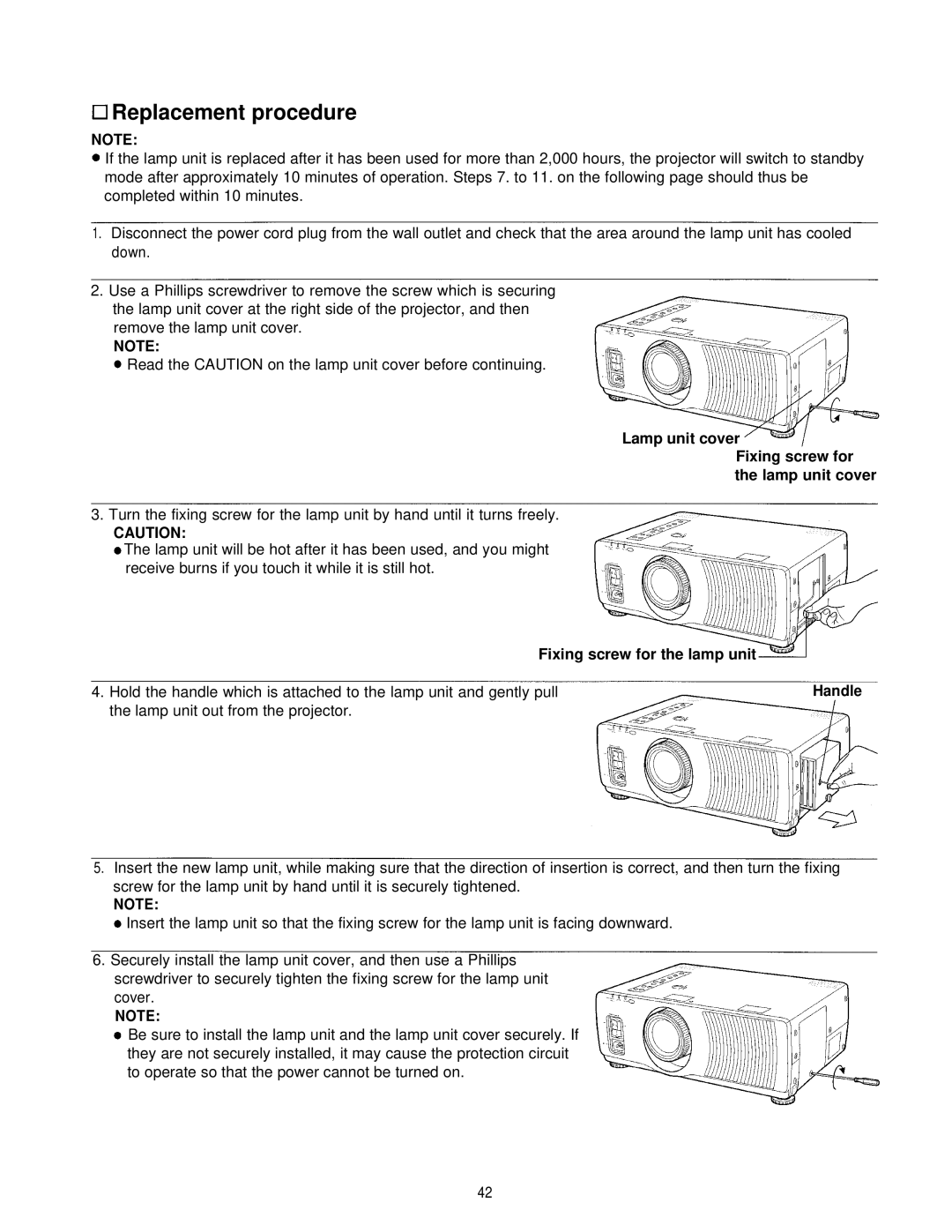 Panasonic PT-L595U manual Replacement procedure, Lamp unit cover Fixing screw for the lamp unit cover 