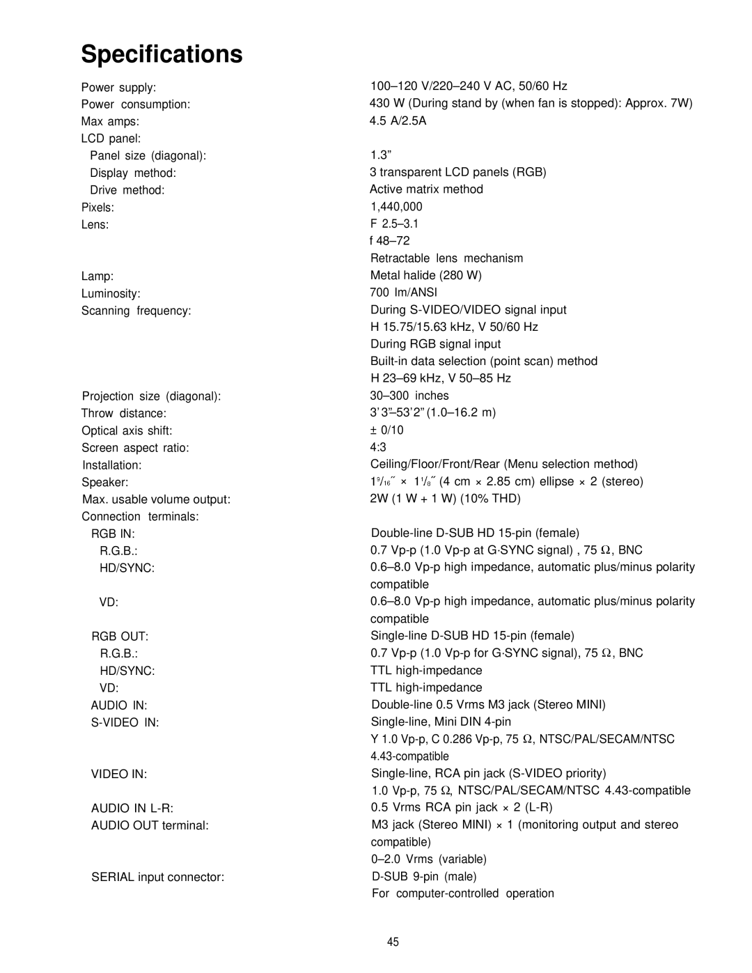 Panasonic PT-L595U manual Specifications, RGB HD/SYNC RGB OUT Audio Video Audio in L-R 