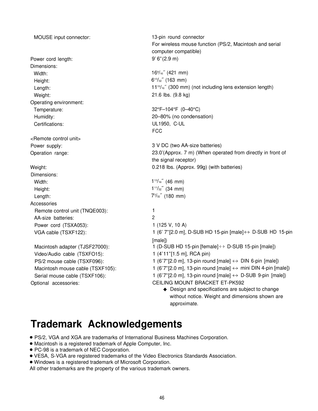 Panasonic PT-L595U manual Trademark Acknowledgements, Fcc, Ceiling Mount Bracket ET-PK592 