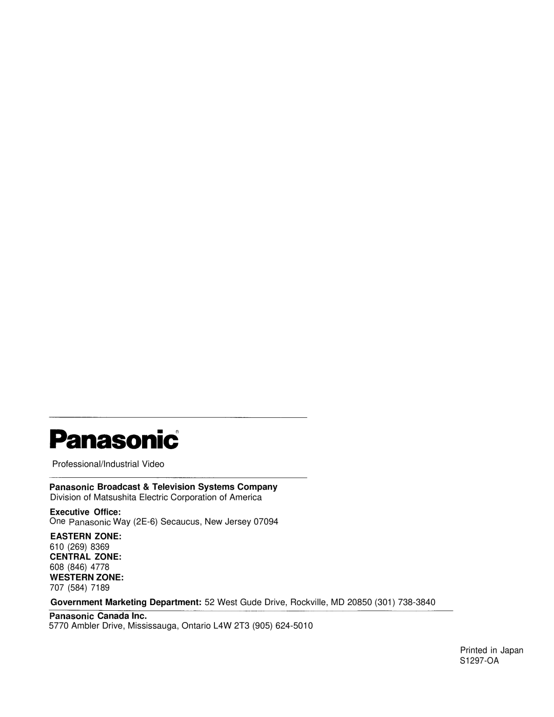 Panasonic PT-L595U manual Eastern Zone, Central Zone, Western Zone 