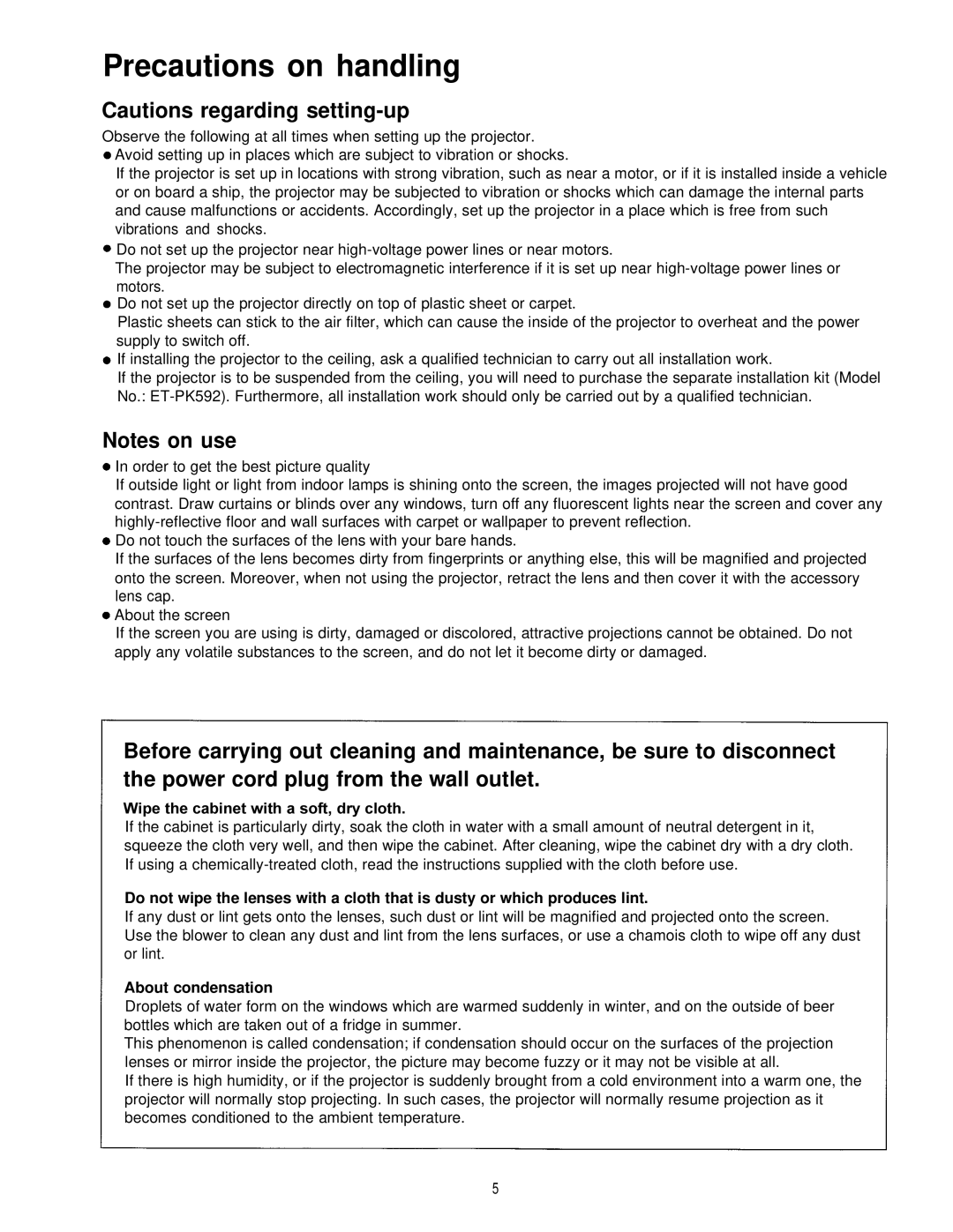 Panasonic PT-L595U manual Precautions on handling, About condensation 