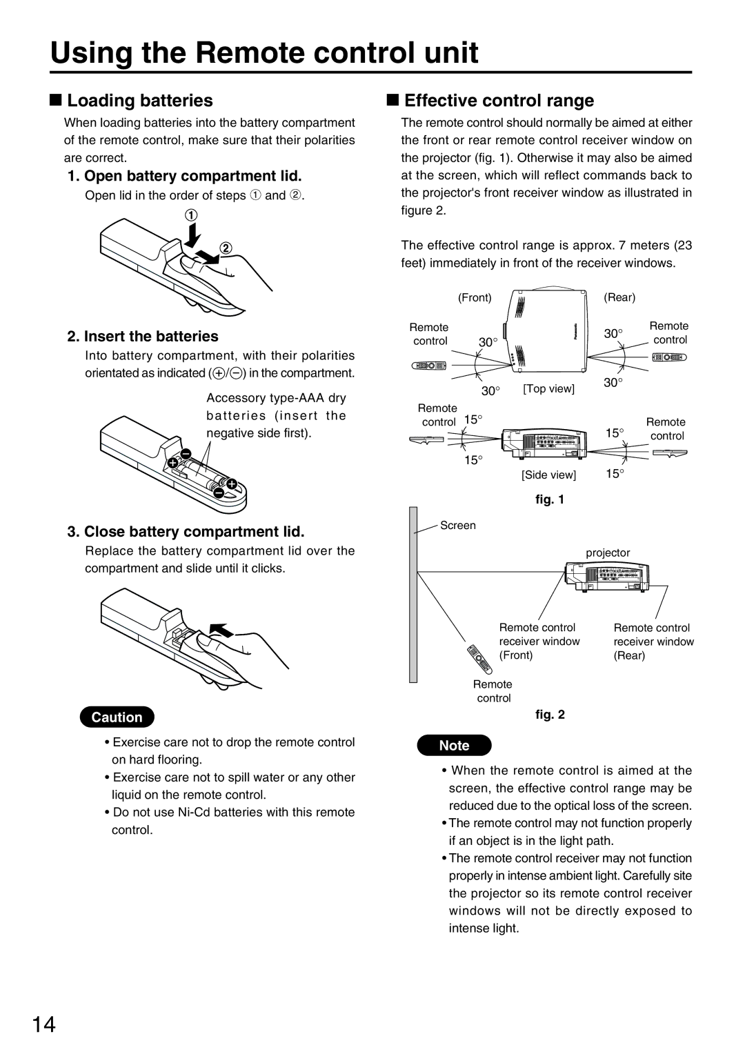 Panasonic PT-L6510U manual Using the Remote control unit, Loading batteries, Effective control range 