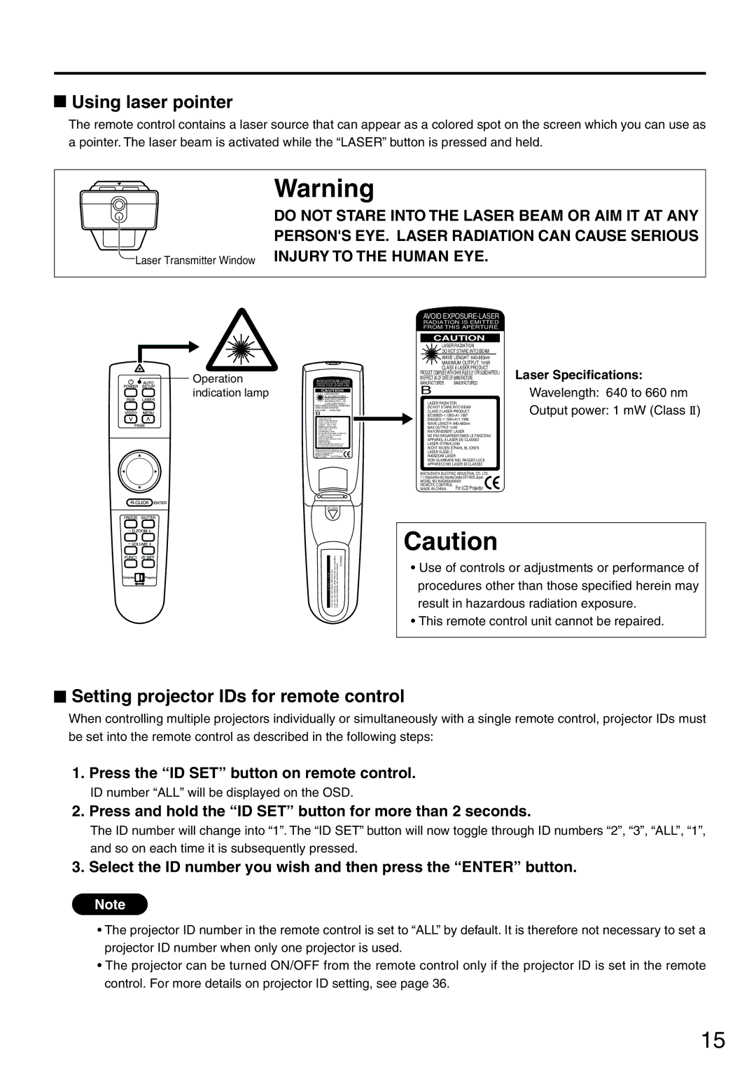 Panasonic PT-L6510U manual Using laser pointer, Setting projector IDs for remote control, Laser Specifications 