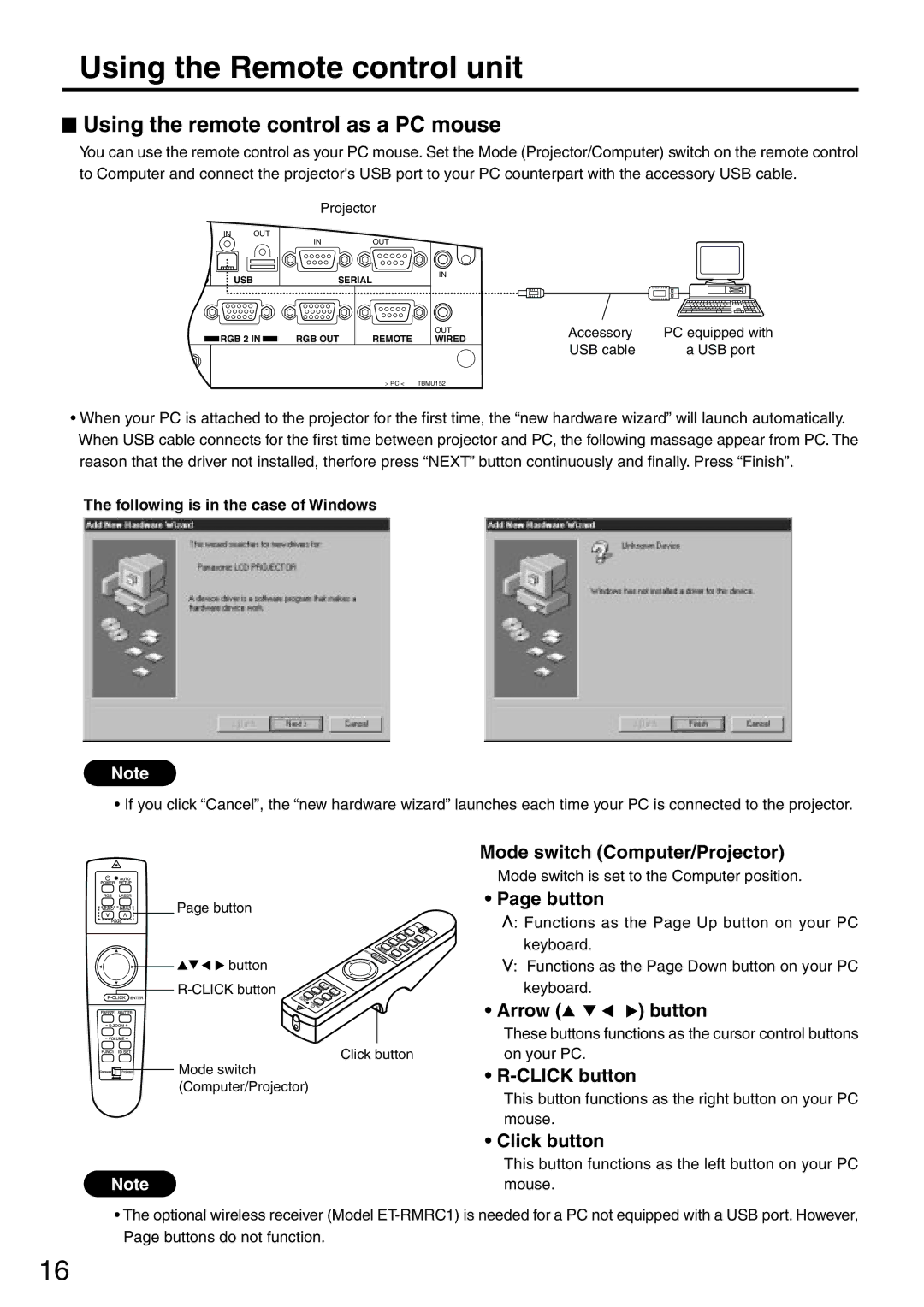 Panasonic PT-L6510U manual Using the Remote control unit, Using the remote control as a PC mouse 