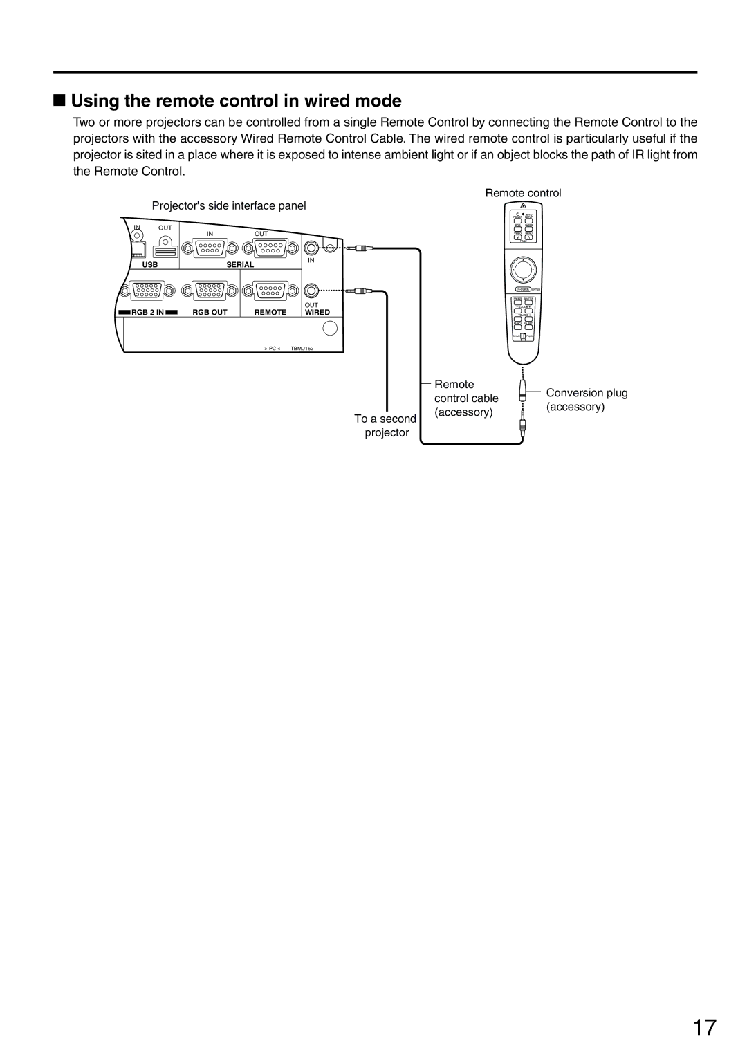 Panasonic PT-L6510U manual Using the remote control in wired mode 