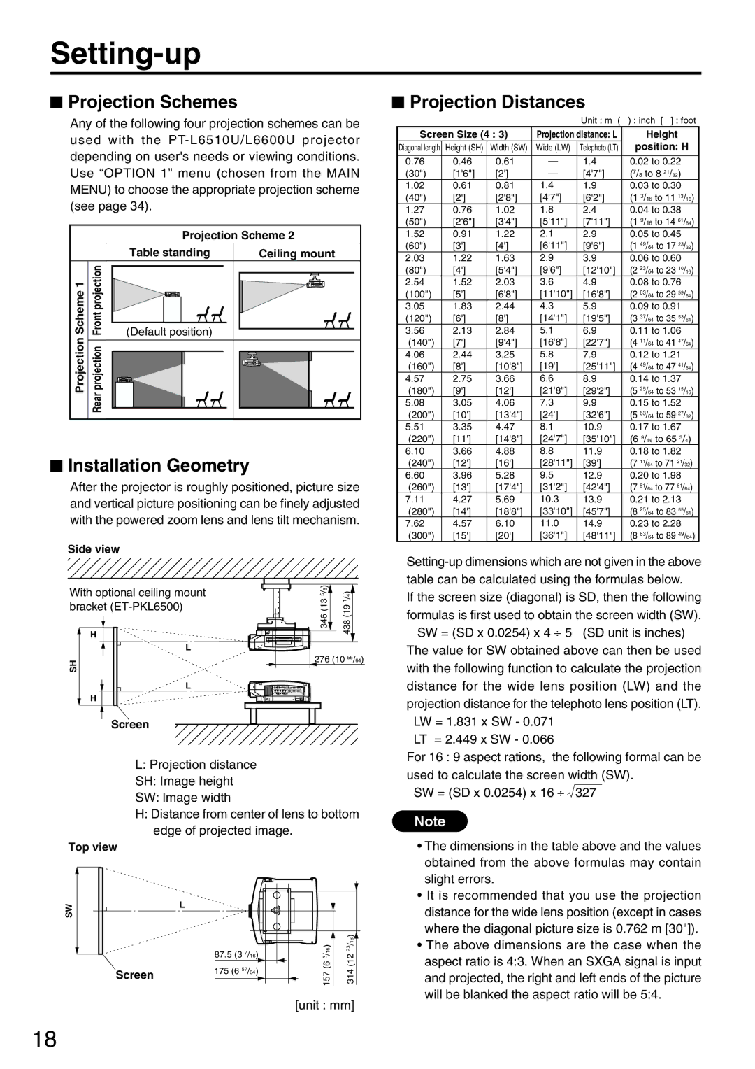 Panasonic PT-L6510U manual Setting-up, Projection Schemes, Installation Geometry, Projection Distances 