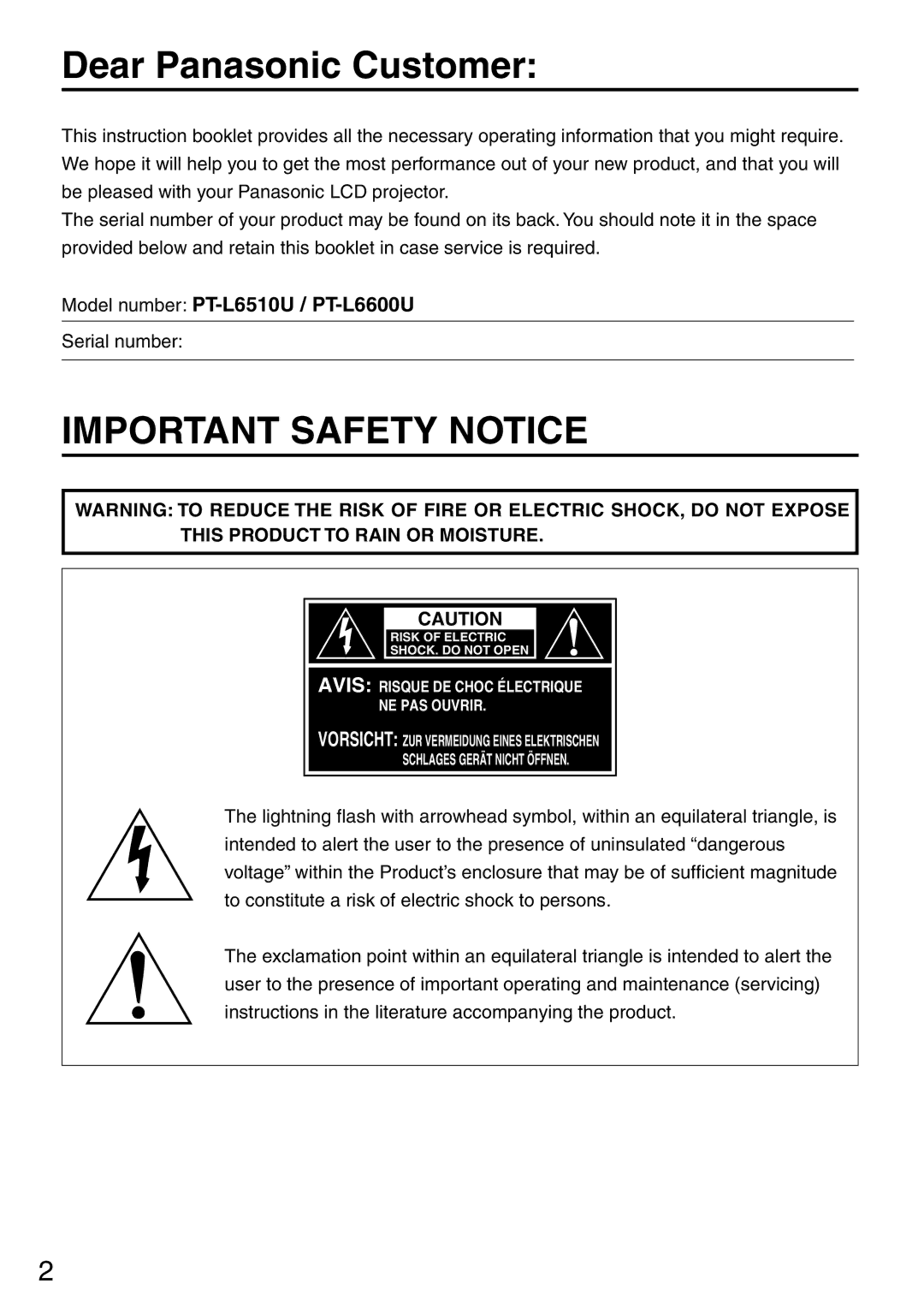 Panasonic PT-L6510U manual Dear Panasonic Customer, Important Safety Notice 