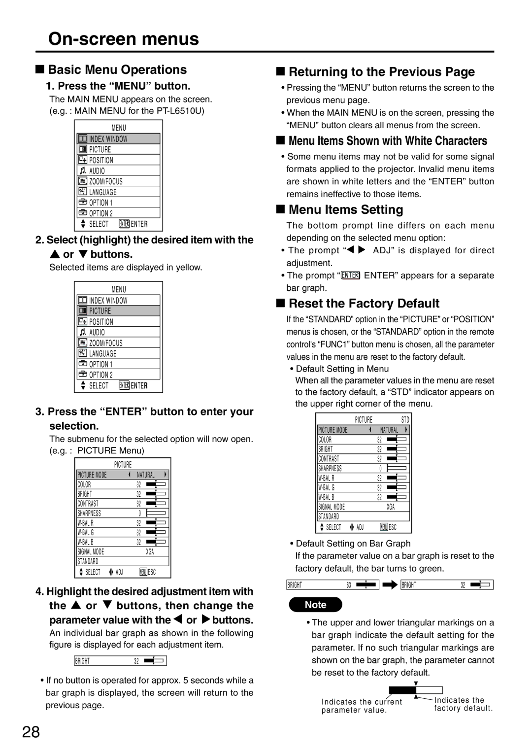 Panasonic PT-L6510U manual On-screen menus, Basic Menu Operations, Returning to the Previous, Menu Items Setting 