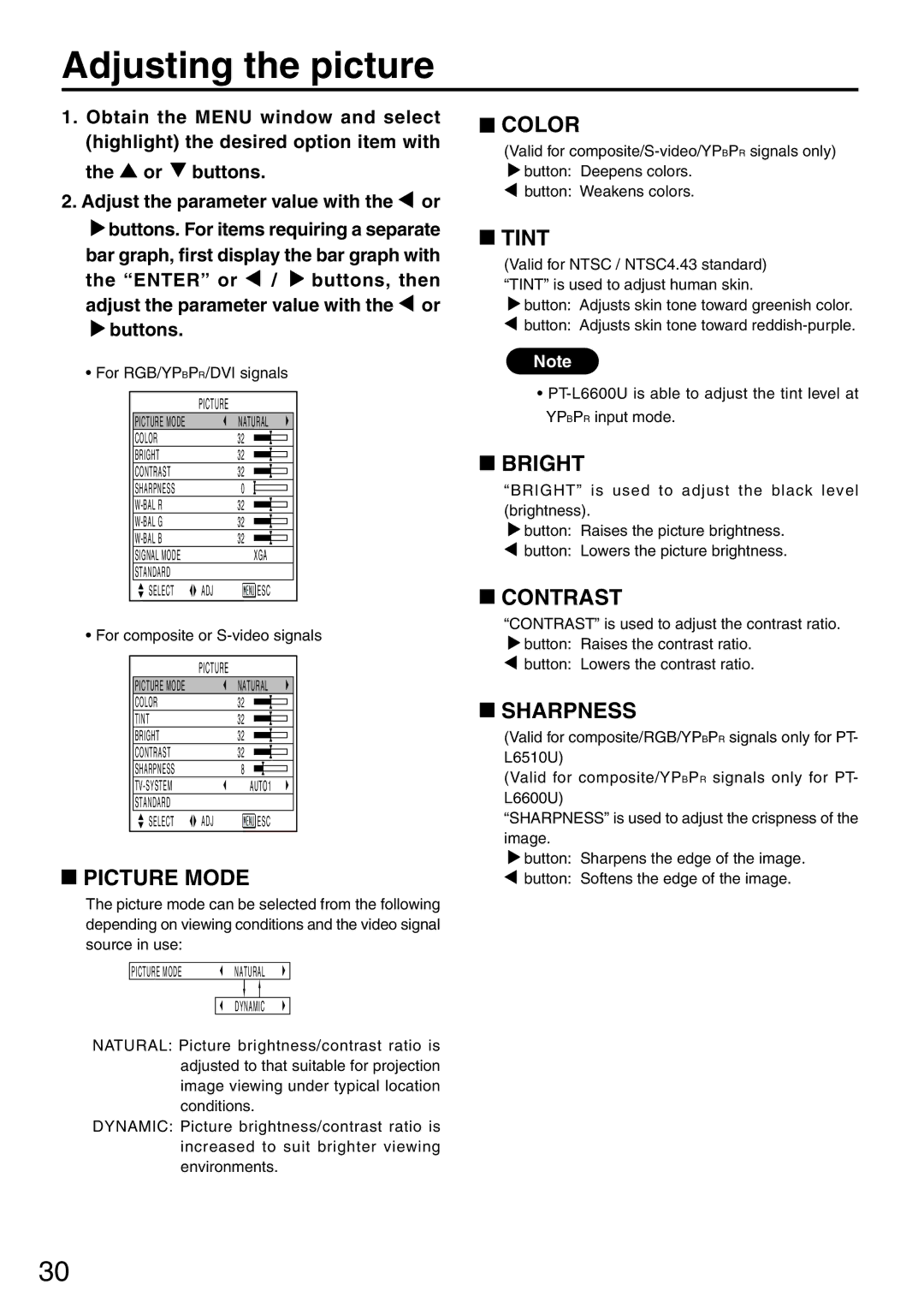 Panasonic PT-L6510U manual Adjusting the picture 