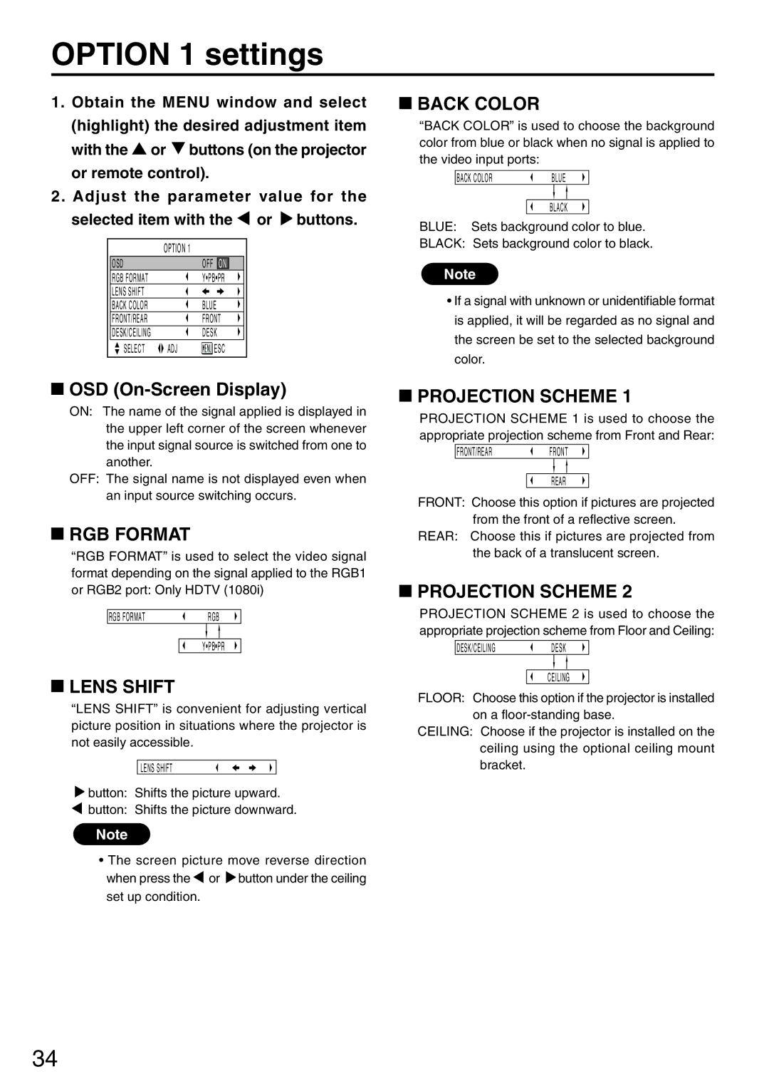 Panasonic PT-L6510U manual Option 1 settings, RGB Format, Lens Shift, Back Color, Projection Scheme 