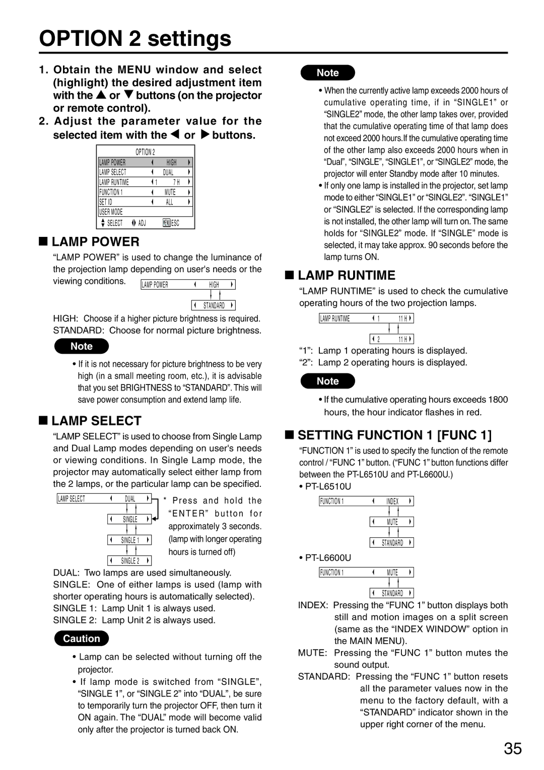 Panasonic PT-L6510U manual Option 2 settings, Lamp Power, Lamp Select, Lamp Runtime, Setting Function 1 Func 