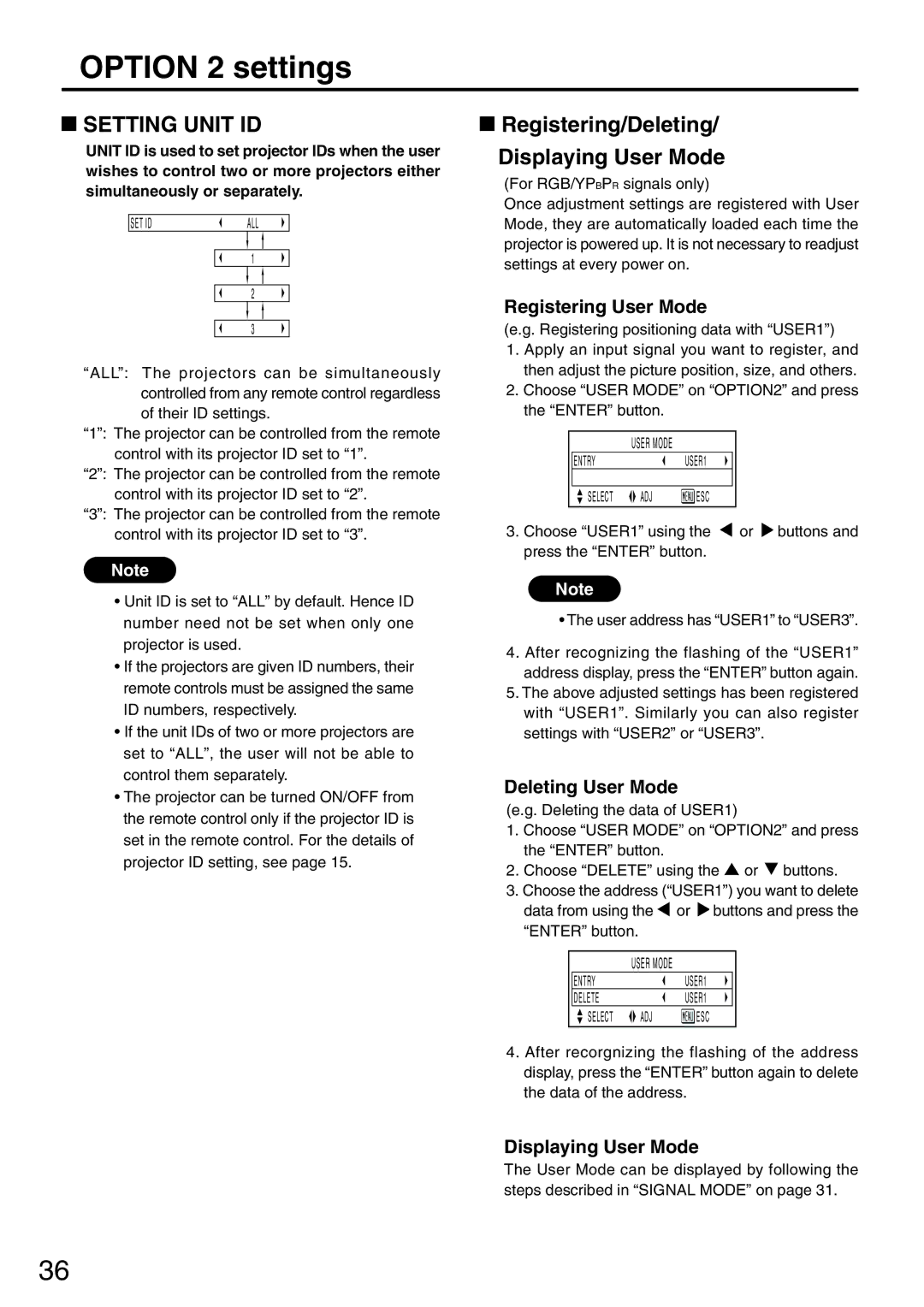 Panasonic PT-L6510U manual Option 2 settings, Setting Unit ID, Registering/Deleting Displaying User Mode 