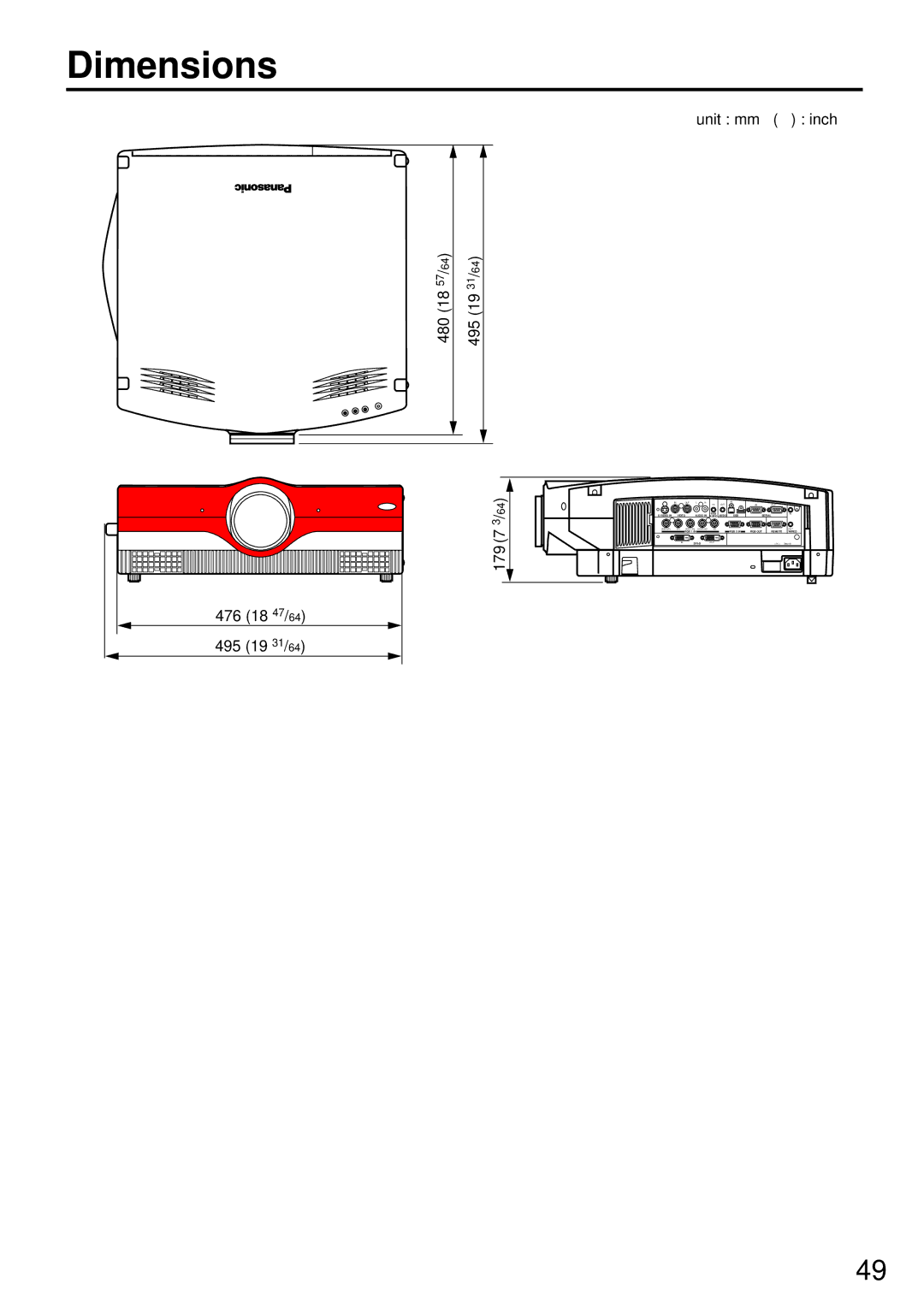 Panasonic PT-L6510U manual Dimensions, 480 495 7179 476 18 47/64 495 19 31/64 Unit mm inch 