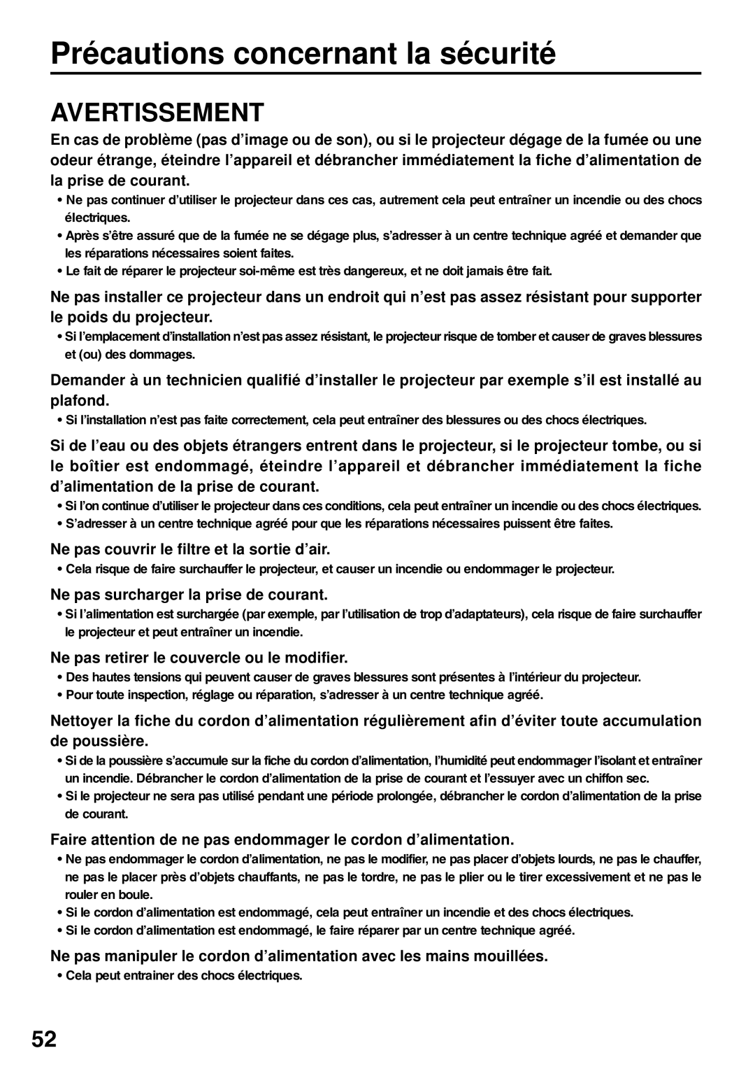 Panasonic PT-L6510U manual Précautions concernant la sécurité, Ne pas couvrir le filtre et la sortie d’air 