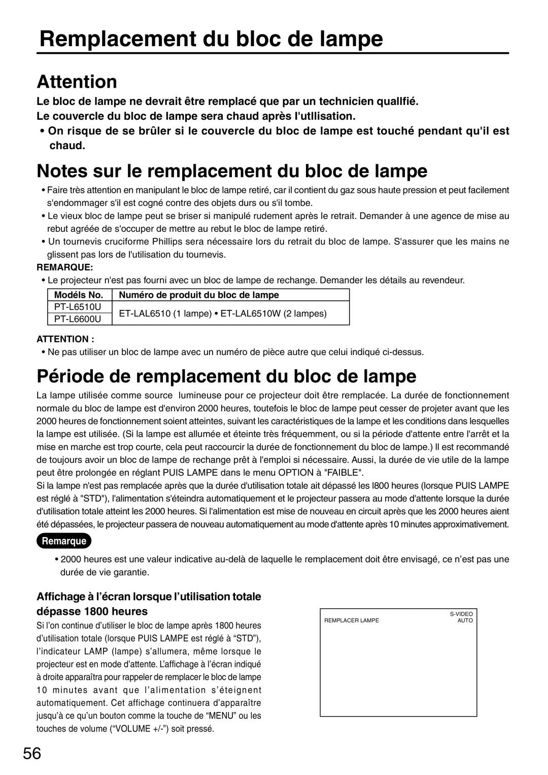 Panasonic PT-L6510U manual Remplacement du bloc de lampe, Période de remplacement du bloc de lampe, ATTENTlON 