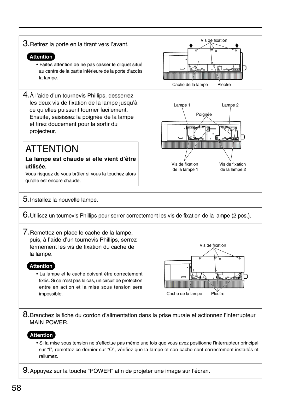 Panasonic PT-L6510U manual Retirez la porte en la tirant vers l’avant, La lampe est chaude si elle vient d’être utilisée 