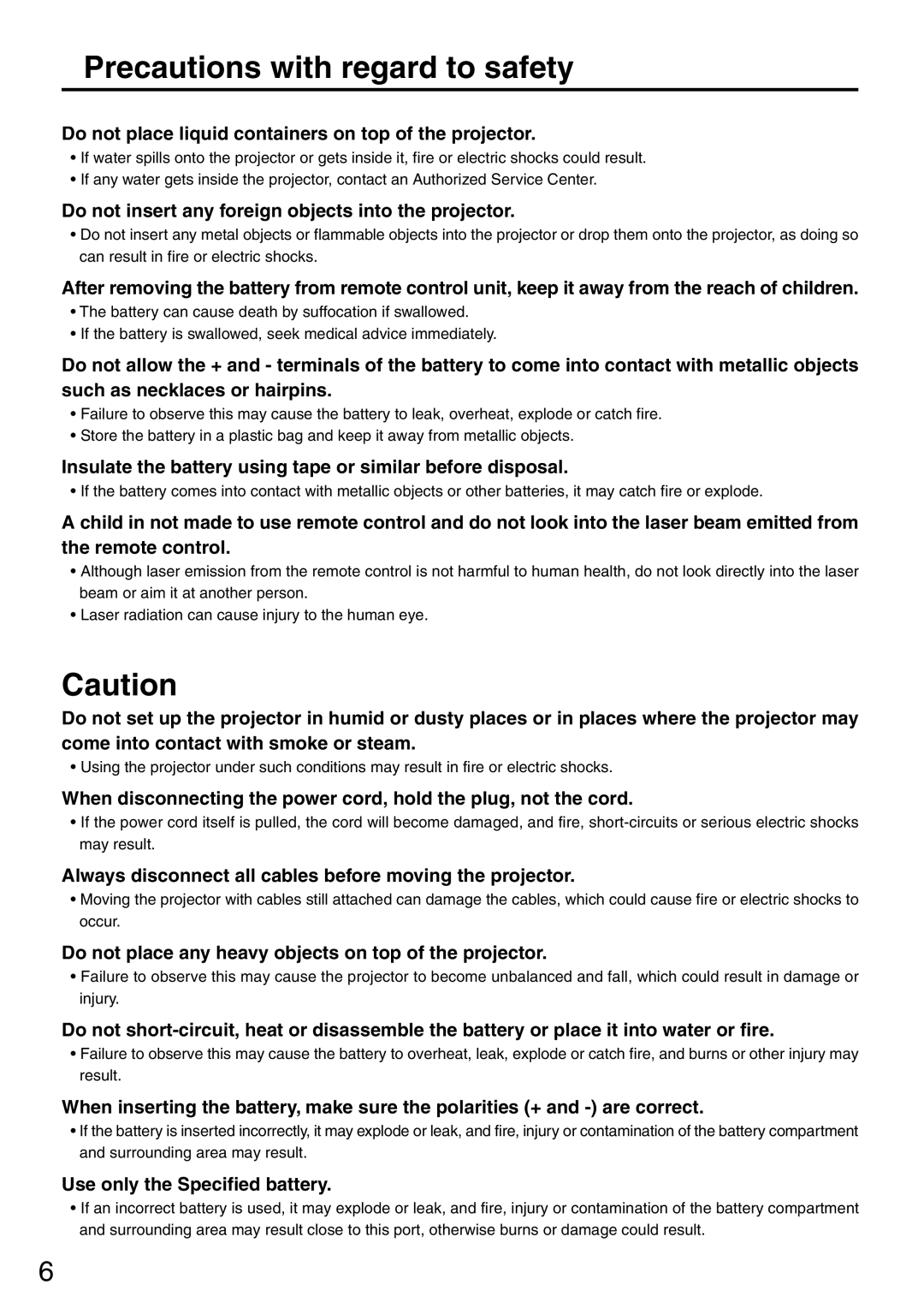 Panasonic PT-L6510U manual Precautions with regard to safety 