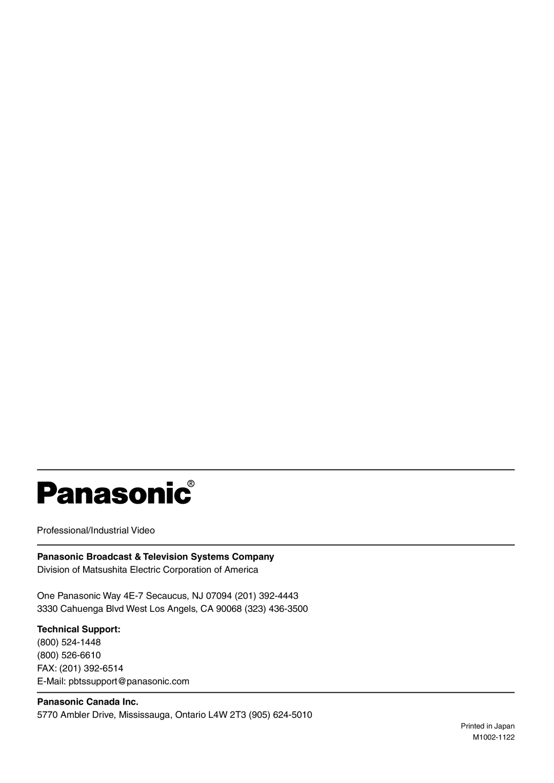 Panasonic PT-L6510U manual Panasonic Broadcast & Television Systems Company, Technical Support, Panasonic Canada Inc 