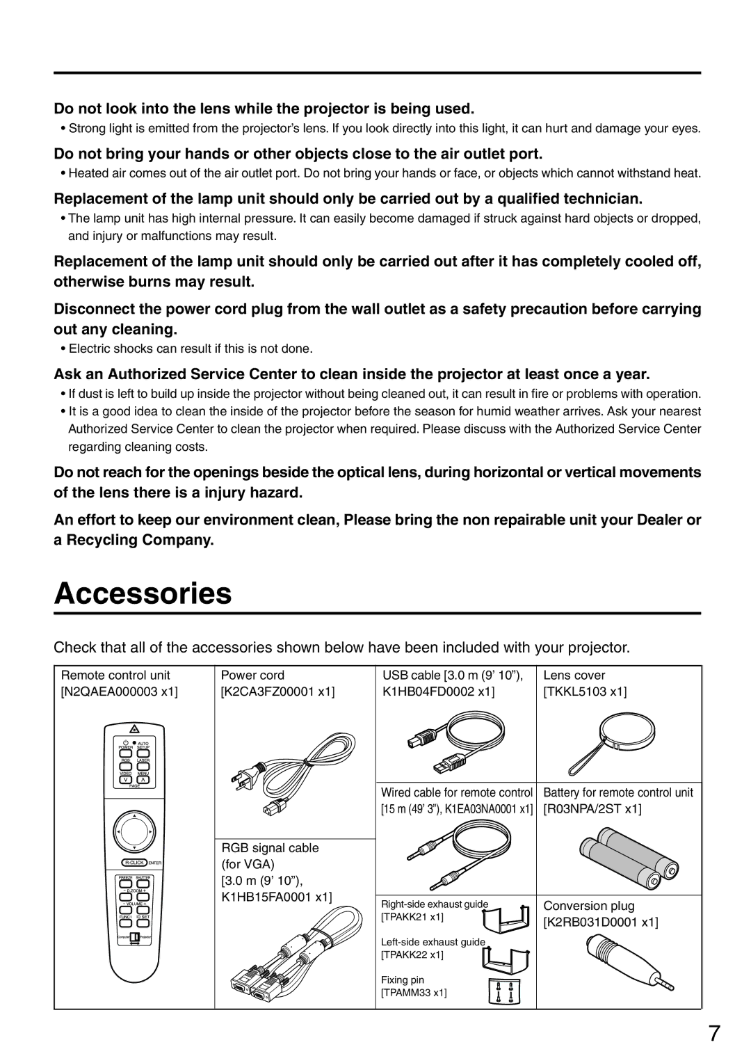 Panasonic PT-L6510U manual Accessories, Do not look into the lens while the projector is being used 