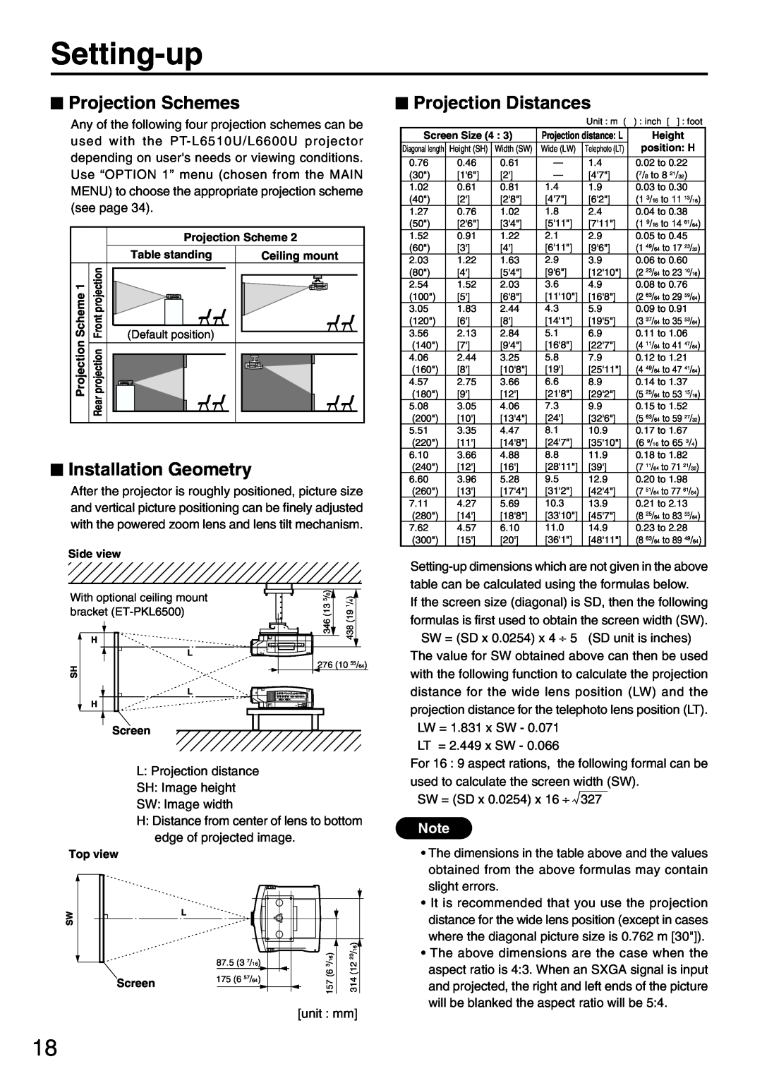 Panasonic PT-L6510U manual Setting-up, Projection Schemes, Installation Geometry, Projection Distances 